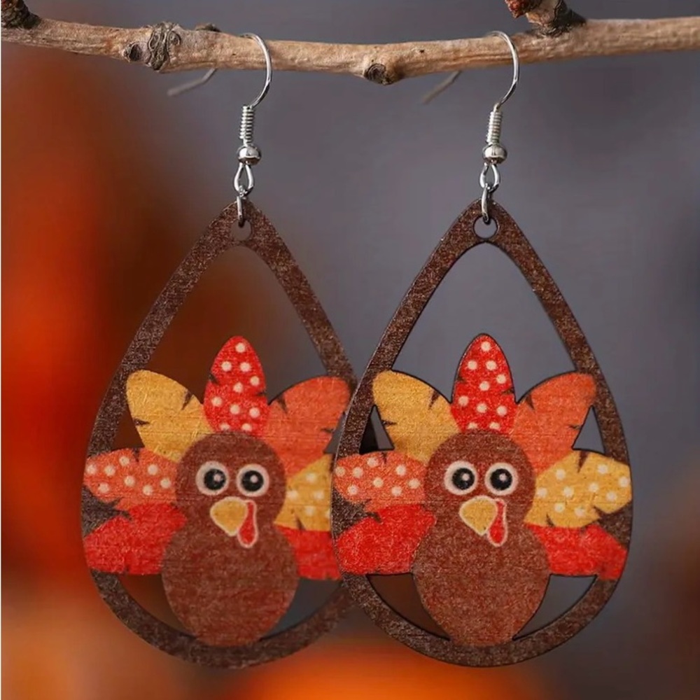Earrings Thanksgiving Turkey Drop-Dangle Wooden NWT BOGO